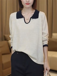 QINGNAER | Trendy Big Size Polo Collar Color Block Slimming Long Sleeve Knitted Blouse