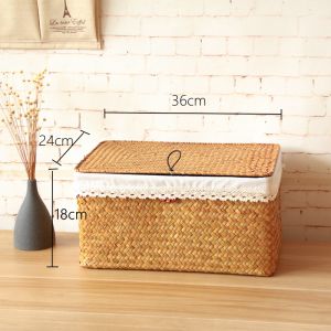Wicker Seagrass Bamboo Handwoven Storage Basket Rectangular Living Room TV Cabinet Snack Fabric Organizer Box Covered Caddy