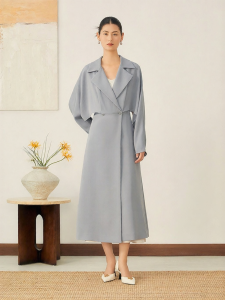 YINER | Autumn French Style Intelligent Grey Tri-acetate Blended Faux Double Layer Long Outerwear