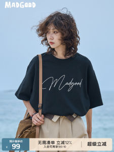 เสื้อยืดคู่รัก Madgood Pure Cotton Breathable Handwritten Logo Print Short Sleeve Street Style Summer T-Shirt for 18-24 Years Old