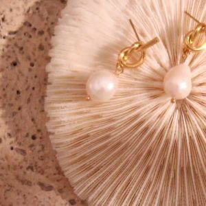 Knot Button Freshwater Pearl Drop Earrings Water Resistant 316L Stainless Steel Jewelry 18K Gold Plated Earrings for Women