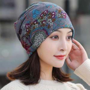 Womens Cotton Cap Autumn Winter Double Layer Moon Hat Breathable Bald Head Wrap Warm Sleep Cap All Seasons round Top No Brim