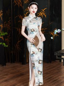 24 New Arrival Summer New Chinese Style National Style Elegant Cheongsam Mesh Floral Print Everyday Dress High Elastic Catwalk Performance Costumes