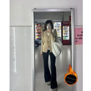 กางเกงกีฬาลำลองสีดำยาวถึงพื้นสำหรับผู้หญิง กางเกงขายาวทรงหลวม ทรงขาบาน ทรงเข้ารูป ผ้าฝ้ายผสมโพลีเอสเตอร์ ฤดูใบไม้ร่วง/ฤดูหนาว