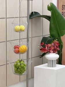 3 Tiers Wire Chain Hanging Basket Fruit Plant Food Organizer Kitchen Storage Wrought Iron Fruit Hanging Basket