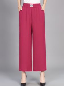 Quần Ống Rộng Cạp Cao Mùa Hè Cho Phụ Nữ Trung Niên Và Cao Tuổi Quần Dài Thường Ngày Màu Trơn Mỏng Dài Đến Mắt Cá Chân