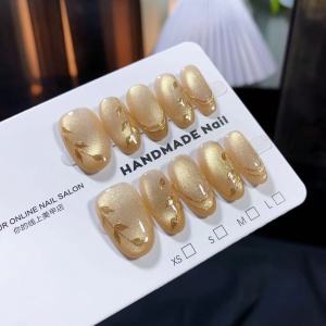 Handmade Gold Leaf Cat Eye Wearable Nail Tips Short Fashionable Glowing Design Beautiful And Elegant New 2025 Nail Art Accessories