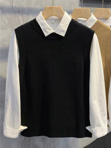 Mens Knitted Sweater Shirt Two-Piece Set Long Sleeve Fleece Lined Autumn Winter Fashion round Neck Top Youth Trendy Style