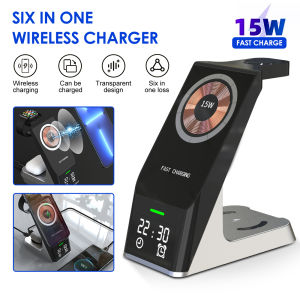 Winstong 6-in-1 Wireless Charger Stand Clock Alarm Magnetic Mobile Phone Wireless Charger 15W Fast Charging Dock Station For iPhone/Watch/ ios/ Android/ Apple Watch Airpods