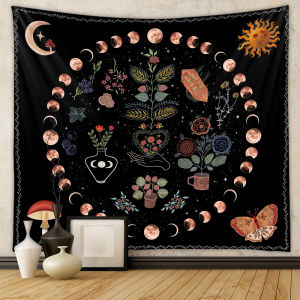 VIKAMA Bohemian Moon Phase Magic Tapestry Living Room Entryway Decoration Mushroom Flower Totem Wall Decoration