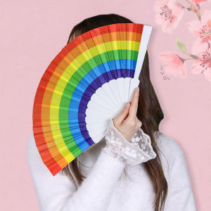 BIBLIO 7 inch Childrens Craft Folding Fan Rainbow Flat Fans Kindergarten Cloth Dance Small Fan Cold Fan