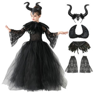 Halloween Costume Fashion Tutu Dress For Girls Cosplay Evil Queen Black Mesh Princess Dress Kids Crow Wand Demon Witch Gown
