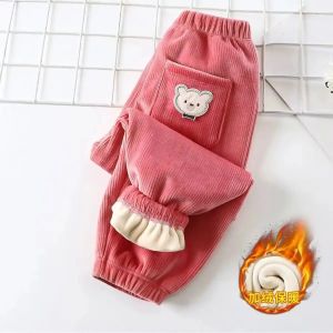 Sonkpuel | Autumn Winter Childrens Fleece-lined Pants with Pocket Embroidery Corduroy Casual Pa Nt Warm Jogger Trousers for Boys and Girls