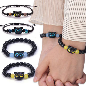 2 ชิ้น สร้อยข้อมือแมวน่ารัก ปรับได้เชือกถักเกลียว เชื้อการ์ตูนสัตว์ลูกปัดลิงค์ สำหรับผู้หญิงผู้ชาย แฟชั่นคู่สร้อยข้อมือมิตร ภาพของขวัญ เครื่องประดับ