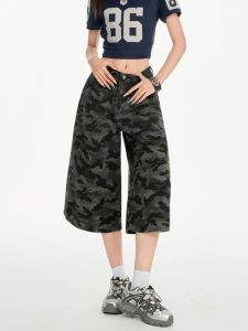 กางเกงขาสั้นลายพรางสไตล์ย้อนยุคสำหรับผู้หญิง กางเกงขายาวทรงหลวมเอวสูง ทรงตรง สไตล์เกาหลี ฤดูร้อน ทรงสลิมฟิต กางเกงยีนส์