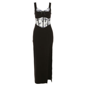 ชุดเดรสยาวคอวีแขนกุดพิมพ์ลายโบว์ผูกสีบล็อกสไตล์ย้อนยุค SylCue กระโปรงทรงเอเอวสูง กระโปรงทรงเอฤดูร้อน