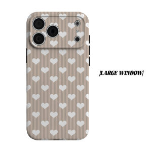 Beige Stripe White Heart Phone Case for iPhone 18 17 16 15 14 13 12 11 Air Pro Max Plus Double-layer Cover