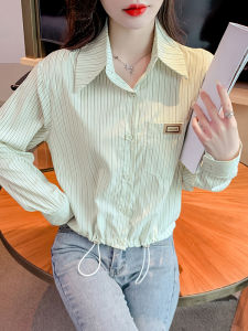WANGGONGZHU | Womens Long Sleeve POLO Neck Chiffon Shirt Spring Autumn Drawstring Design Fashionable Striped Top Princess Style Commute Wind