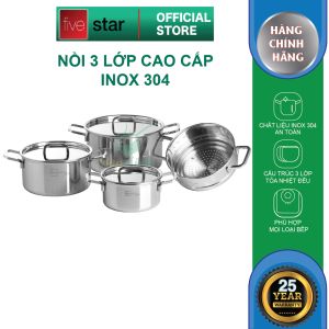 Bộ nồi inox 304 đáy liền khối Fivestar Plus FPB4005 size 16 20 24cm và xửng 20cm tặng 1 vá canh
