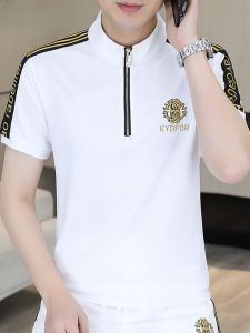 HENGYUANXIANG | Hengyuanxiang Mens Short Sleeve Polo Shirt Stand Collar Embroidery Ice Silk Half Zip Summer Trendy T-Shirt Standard Fit Modern Style