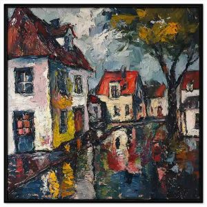 Tranh phố cổ phong cảnh quê hương khi trời mưa vừa tạnh chất liệu sơn dầu. Tranh treo tường dán tường.CGI-1167