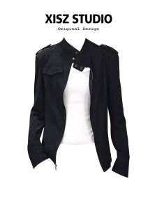 American Style Short Zipper Stand Collar Jacket Womens Autumn Winter Slimming Versatile Fashionable Personality Top