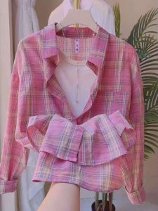 เสื้อเชิ้ตแขนยาวป้องกันแสงแดดแบบบางสำหรับผู้หญิง ฤดูใบไม้ผลิ 2025 คอโปโล ลายสก็อต ทรงหลวม ปกติ ปกติ