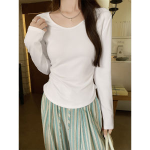 เสื้อยืดคอกลมแขนยาวทรงหลวมสำหรับผู้หญิงในฤดูใบไม้ร่วง สไตล์ลำลอง ทรงเข้ารูป เสื้อผ้าทำงานสไตล์เกาหลี ทรงเข้ารูป