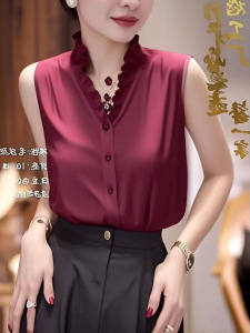 2025 New Style Slimming V-Neck Single Button Pure Color Sleeveless Chiffon Shirt Women Summer Fashion Korean Straight Cut Button Detail