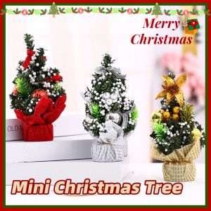 Mini Artificial Christmas Tree with Ribbon Bow Ball Ornaments Tabletop Decor for Home Party Holiday Supplies