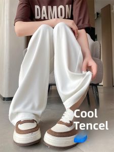 YAMIANNV | High Waist Ice Silk Extended Wide Leg Pants Womens Straight Cut Slim Floor Length Suit Trousers Casual Fashion Plus Size