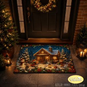 Christmas Doormat Winter Cottage Snowman and Reindeer Print Non-Slip Entryway Mat Festive Decorative Rug Home Decor