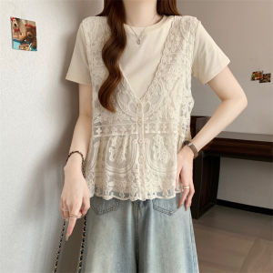 AIYITI | Oversize Women Unique Lace Vest Tank Top and Straight Shoulder T-Shirt Set
