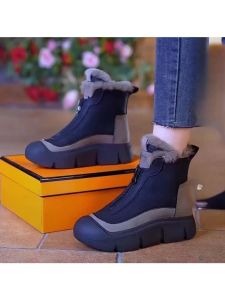 รองเท้าบูทหิมะหนังนิ่มแบบหนา รองเท้าบูทฤดูหนาวแบบใหม่ พื้นหนา พื้นนุ่ม ส้นสูงปานกลาง สำหรับผู้หญิง