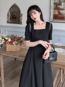 plus Size Womens Hepburn Style Black Slimming Midi Dress Square Neck High Waist Summer New Fashion Frock for Plump Sister