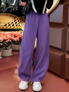 Wang Aego Womens High Waist Straight Leg Sweatpants Purple Taro Casual Sporty Wide Leg Banana Pants Street Style Autumn 2024