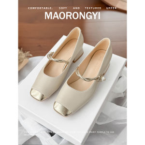 รองเท้าส้นหนา Mary Janes สำหรับผู้หญิง ทรงหัวเหลี่ยม ด้านในทำจากหนังเทียม ด้านนอกทำจากผ้าไหม รองเท้าส้นเตี้ยแบบสวมสบาย
