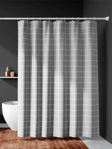 Thickened Polyester Bath Curtain Waterproof Bathroom Partition Curtain Nordic Style Grey Grids Design for Bathroom Use