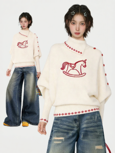 KBVVR | White High Neck Batwing Knitwear Poncho Style Sweater for Autumn Winter