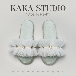 รองเท้าแตะผู้หญิงแบบสวมหัวพื้นยางกันลื่นสำหรับใส่ในบ้านและกลางแจ้ง ฤดูใบไม้ร่วง/ฤดูหนาว รองเท้าแตะผ้าฝ้ายแบบสวมหัวประดับลูกปัด