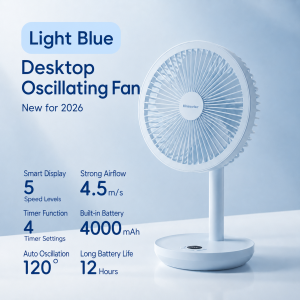 BLDC Oscillating Desktop Fan 4000mAh 5 Wind Speeds Silent Portable Rechargeable Fan with Timing Function for Home Room Gift