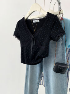 Black Floral V-Neck Short Sleeve T-Shirt Womens Summer Slim Fit Butterfly Knot Lace Top Commute Style Pure E-Commerce Sale