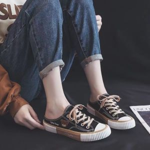 สินค้าในไทย รองเท้าผ้าใบเปิดส้น ลายหมีน้อยน่ารัก สไตล์เกาหลี ใส่ได้กับทุกชุด