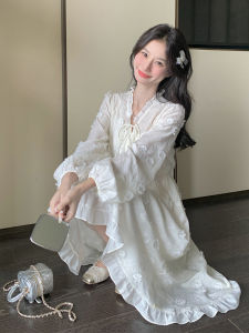 Elegant French Fairy Dress Women Spring Autumn 2025 New Gentle Sweet Floral Long Skirt High Waist Long Sleeve V-neck A-line Dress