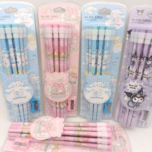 Anime Hello Kitty Kuromi 12-Pack Pencils My Melody Cinnamoroll Creative HB Writing Pencils Students Barrel Set with Eraser