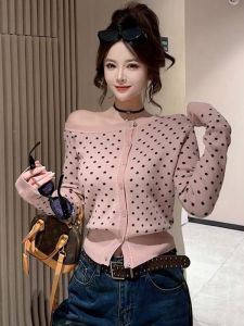 Áo Len Dệt Kim Ngắn Hở Vai Họa Tiết Chấm Bi Màu Hồng Phong Cách Hàn Quốc Dành Cho Nữ Mùa Thu 2025 Áo Khoác Cardigan Ngắn