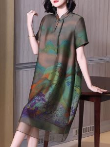 Silk Cheongsam Dress Spring Summer Print Heavy Mom Style Womens Fashion Mulberry Silk Qipao New Model Sweet Style Short Sleeve round Neck