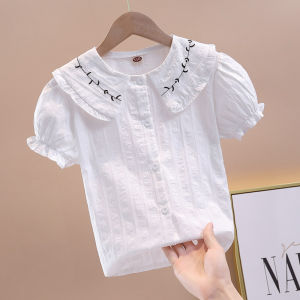 Girls Short Sleeve Bubble Sleeve Shirt Korean Style Doll Collar Childrens White Cotton Casual Four Seasons Wearable Kids Top