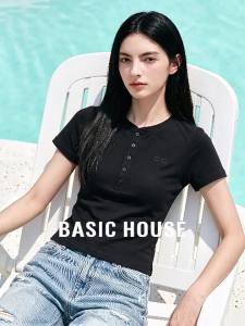 Basic House | Slimming Black Henry Collar T-Shirt Women Summer