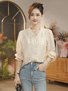 เสื้อเชิ้ตคอตั้งแขนยาวทรงหลวมสำหรับผู้หญิง ฤดูใบไม้ร่วง 2024 สไตล์ฝรั่งเศส คอตั้ง ขอบไม้ เสื้อเชิ้ตทรงเข้ารูป